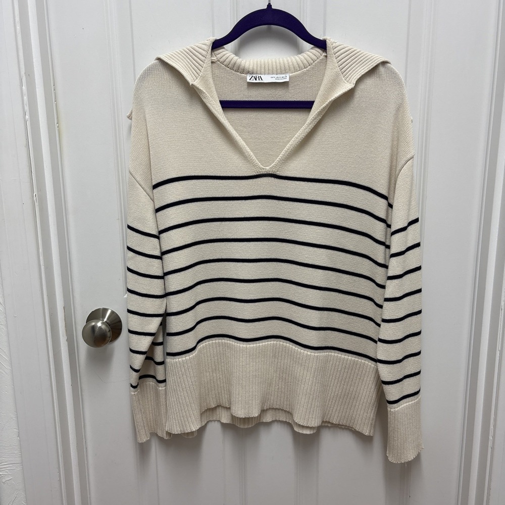 Zara Sweater Women Striped Pullover Knitted Johnny Collar Preppy‎ Y2K - Small